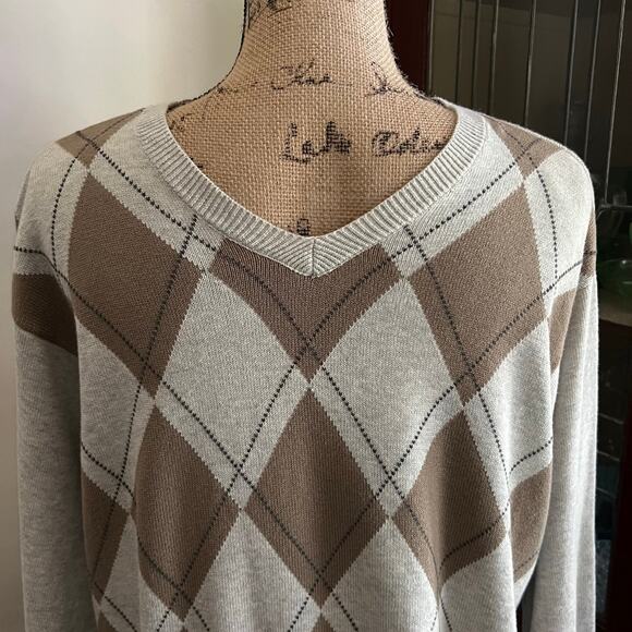 Y2K Vintage IZOD Argyle Sweater Size M Men VNeck Gray Tan Cotton Academia Preppy - Picture 5 of 17